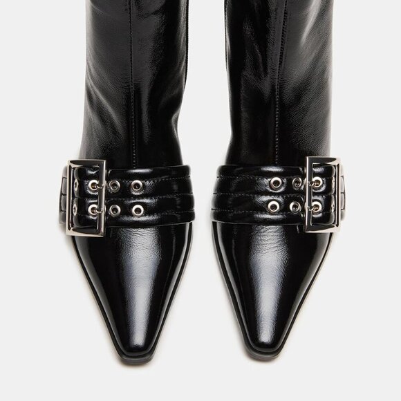 Buckle Black Ankle Boots Kitten Heel Pointed Toe Leather Fashion Dress Booties - Picture 6 of 9